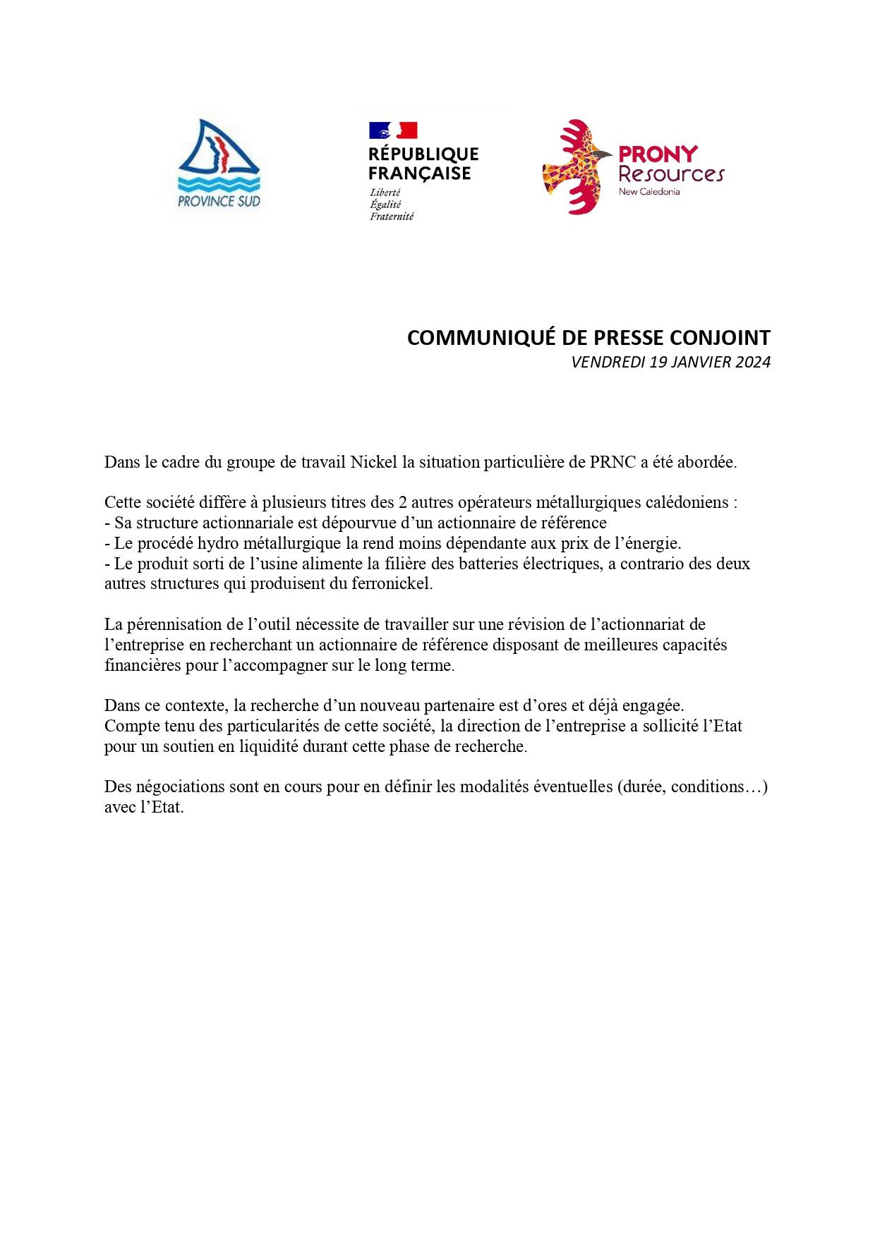 Communiqu De Presse Conjoint Prony Resources