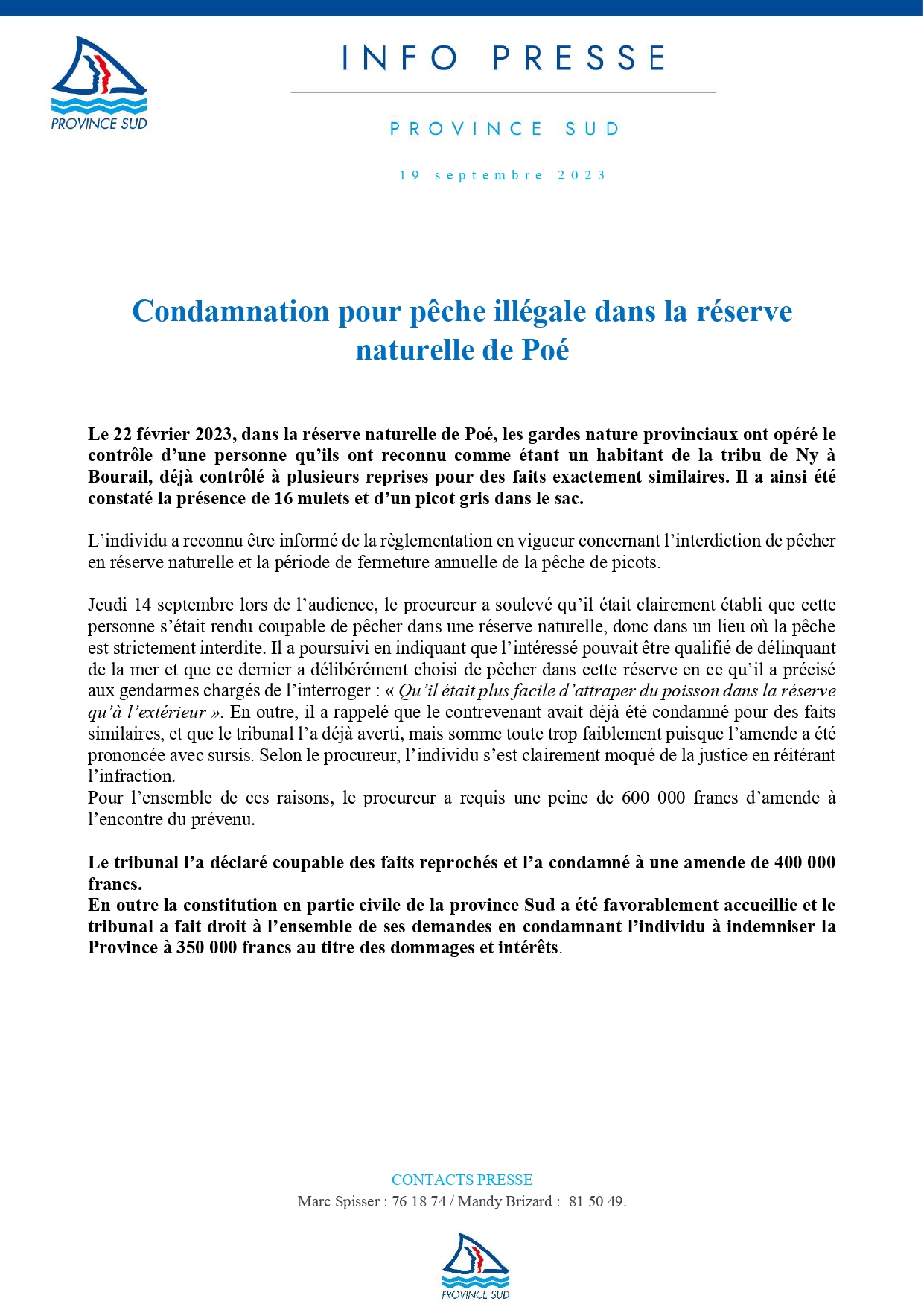 19/09/2023 : Condamnation pour pêche illégale dans la réserve naturelle de Poé