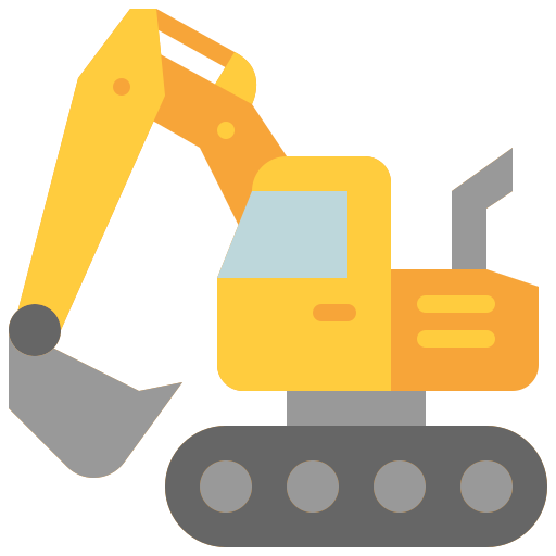 Yellow excavator with extended arm and bucket on gray tracks ready to dig