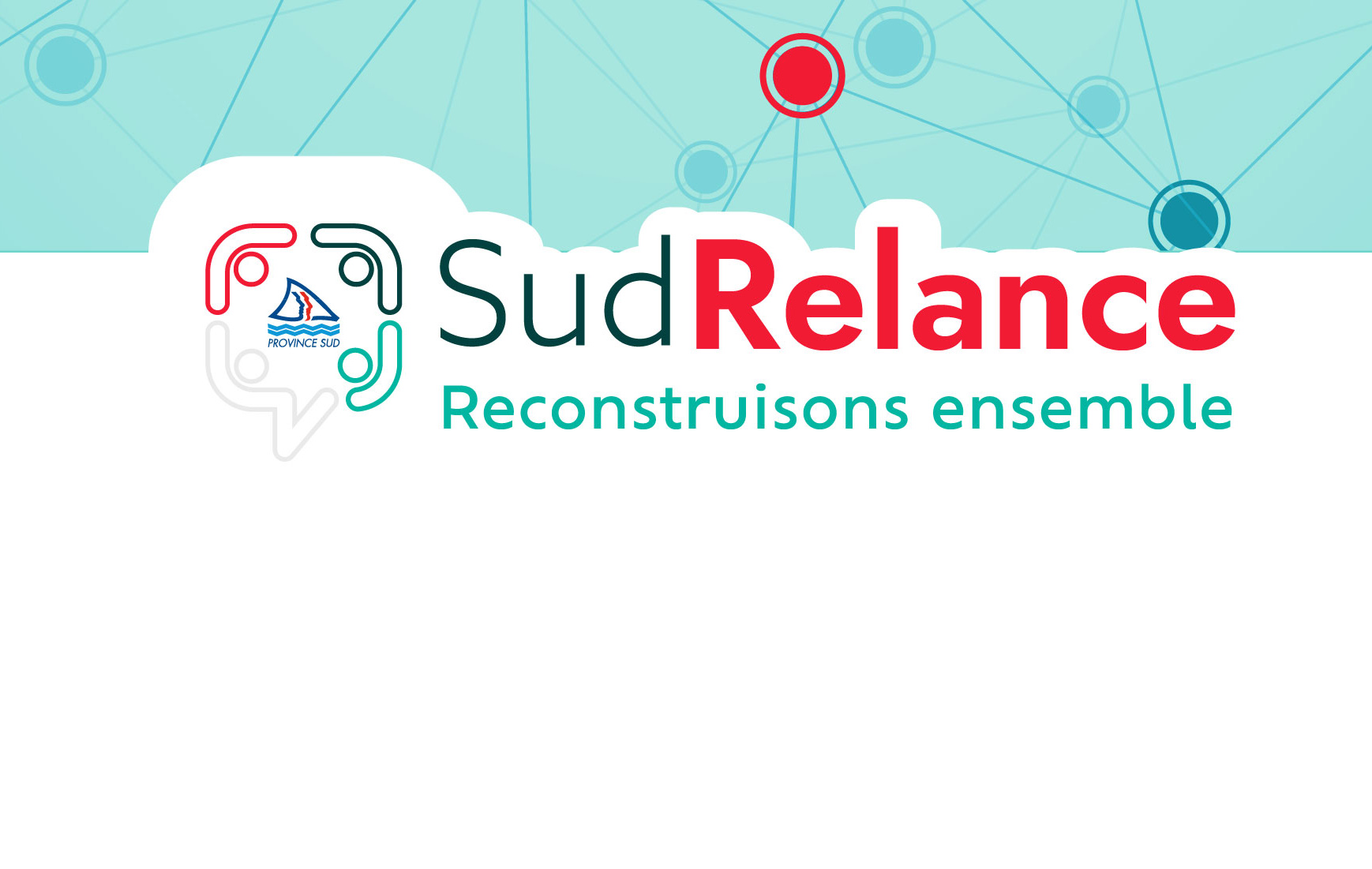 SudRelance banner: logo and the slogan 'Reconstruisons ensemble' on a teal network background.
