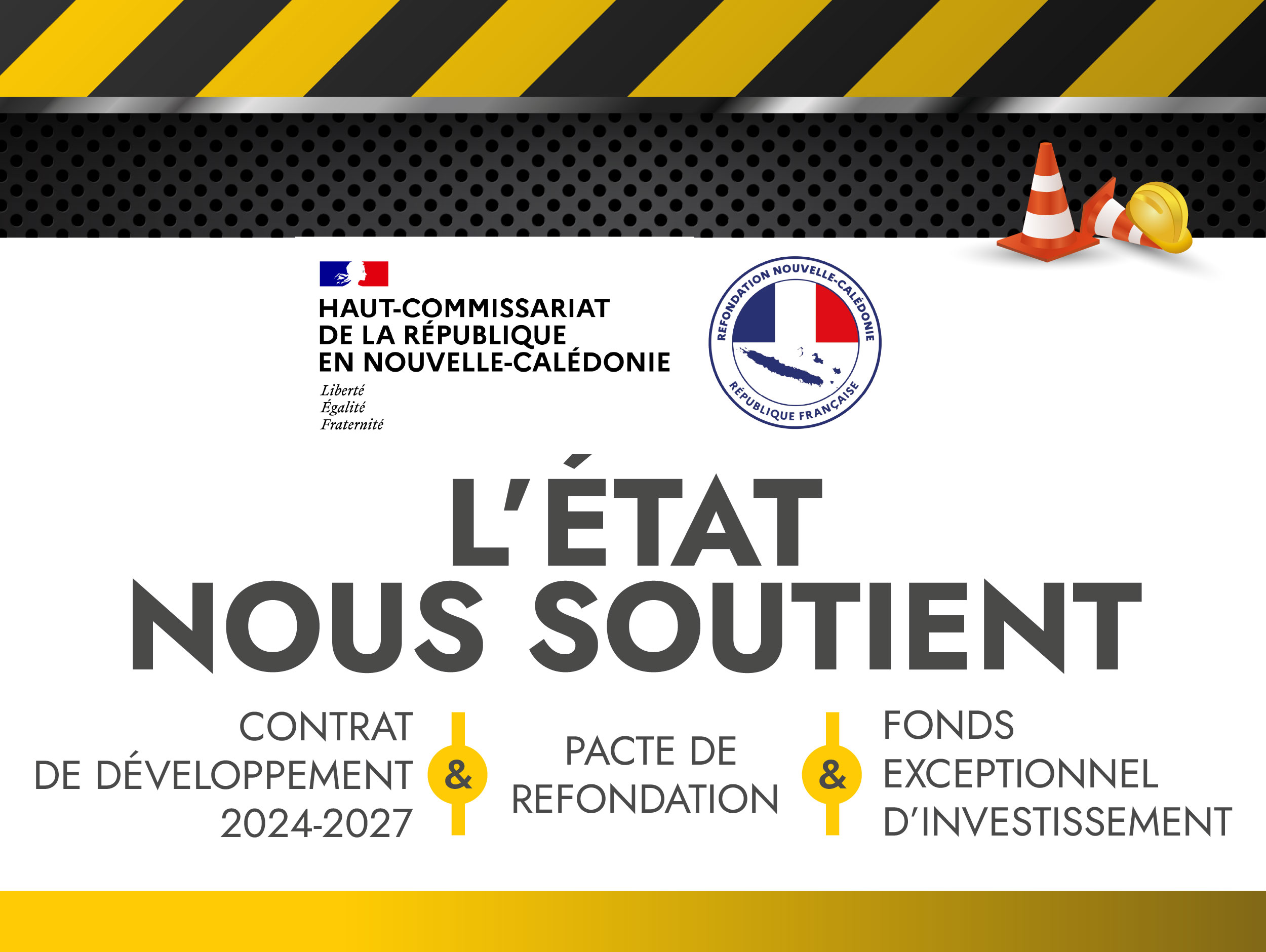 Banner graphic: French government support message with logos, safety cones and hard hat on white background, saying 